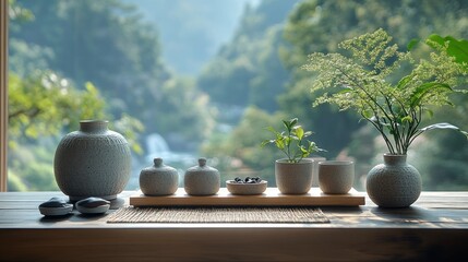 Wall Mural - Ceramics and Greenery on a Windowsill