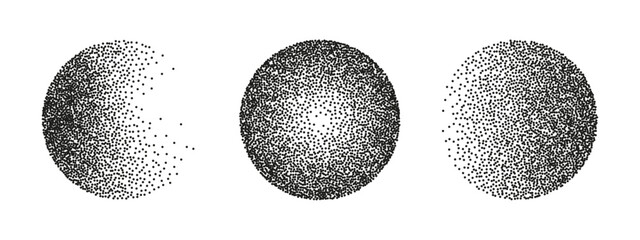 Poster - Circles grunge grainy effect and stippling dots vector pattern. Stippled round frame. Retro texture for Christmas bubble