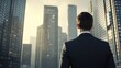 © CHOI POO - Businessman Overlooking City Skyline at Sunrise