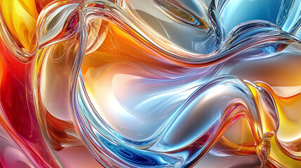 Poster - A composition of abstract liquid glass with colorful reflections rendered in dynamic 3D
