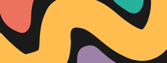Aufkleber - Kids banner with fun comic doodle black yellow wavy fluid liquid shapes design simple vector graphic illustration set, modern childish vivid background backdrop poster card template hand drawn
