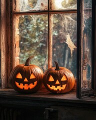 Poster - Creepy pumpkins on windowsill for home decoration