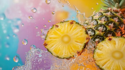 Poster - A vivid, abstract image of oil droplets floating on water, paired with pineapple slices for a fresh and tropical visual.