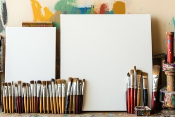 Sticker - A collection of paintbrushes and blank canvases, ready for artistic creation.