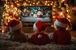 © Vovmar - Children in Santa hats watching a New Year's movie while sitting on a sofa in the living room. Generated by artificial intelligence