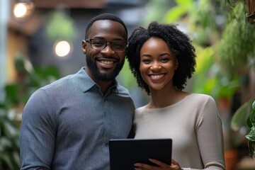 Smiling young african american professional businessman and businesswoman together working online with a digital tablet in office, Generative AI