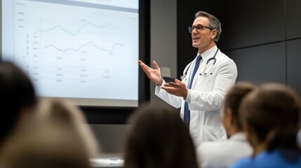 A healthcare professional presents data in a conference setting, engaging an audience with informative charts and statistics.