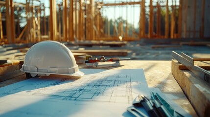 Poster - A construction blueprint spread out on a table with tools and a hard hat nearby, surrounded by the framework of a new building Close-up photo with clean background