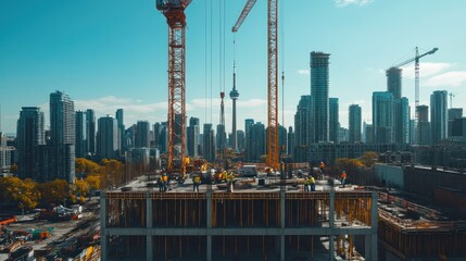 Poster - A construction site with cranes and workers, steel beams being lifted in the air, and a city skyline in the background, showcasing progress and development Close-up photo with clean background