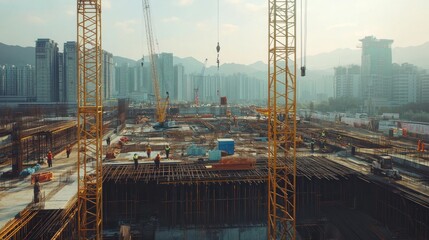 Poster - A construction site with cranes and workers, steel beams being lifted in the air, and a city skyline in the background, showcasing progress and development Close-up photo with clean background