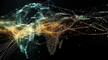 Poster - A digital rendering of a global financial network, with interconnected lines and nodes representing international economic connections