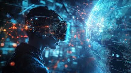 Poster - A smart individual using virtual reality goggles to access and interact with a complex global network, featuring holographic data and connections in the background