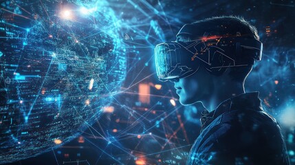 Poster - A smart individual using virtual reality goggles to access and interact with a complex global network, featuring holographic data and connections in the background