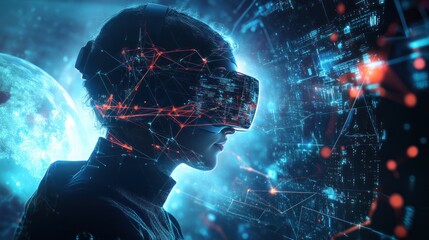 Poster - A smart individual using virtual reality goggles to access and interact with a complex global network, featuring holographic data and connections in the background