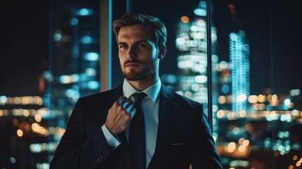 Poster - A successful businessman adjusting his tie while standing in front of a large glass window, 