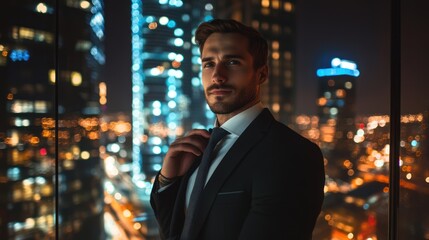 Poster - A successful businessman adjusting his tie while standing in front of a large glass window, 