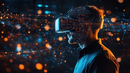 Poster - A tech-savvy man wearing VR goggles, immersed in a digital environment with interconnected global network nodes and data streams surrounding him