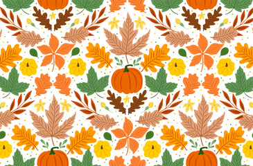 Wall Mural - symmetrical pattern with pumpkin, flowers, oak and maple leaves on white background. perfect for wal