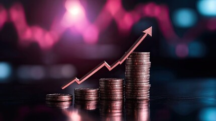 Financial growth graph with stacked coins on reflective surface.