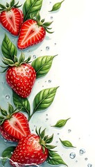 Wall Mural - Watercolor drawing of strawberries with basil floating in clear water on white background