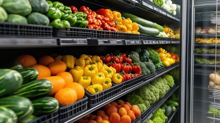 Sticker - Shelves in a supermarket or grocery store filled with various fresh vegetables including bell peppers, cucumbers, broccoli, and zucchini, organized in black trays.