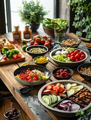 Aufkleber - A wooden table displays an array of colorful fruits, vegetables, nuts, and healthy meals, highlighting fresh and nutritious options indoors. Generative AI