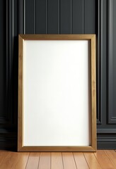 Wall Mural - Blank picture gold frame mockup on the black wooden wall