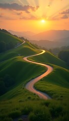 winding road through lush green mountain peak at sunset sky