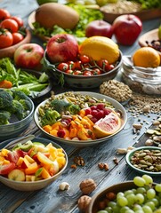 Poster - A wooden table is filled with an abundant selection of fresh fruits, vibrant vegetables, and healthy meals, showcasing a nutritious lifestyle. Generative AI