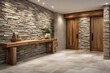 © Jittiwan - Modern house design with entrance hall made of stone tiles wall and wooden rustic table and doors, interior home decoration design concept