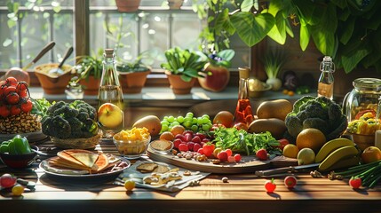 Aufkleber - A rustic wooden table is adorned with a colorful array of fruits, vegetables, nuts, and balanced meals, illuminated by natural light. Generative AI