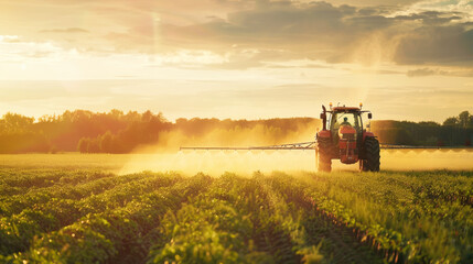 A tractor spraying water or chemicals on a vegetable field