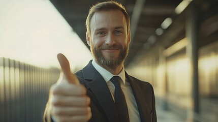 Poster - Smiling Businessman Giving Thumbs Up in Urban Setting