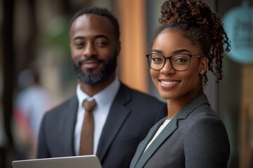 Business woman holding a laptop and standing with her colleague, Generative AI