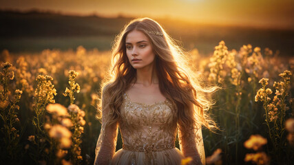 Wall Mural - A beautiful young woman in a flower field in the morning