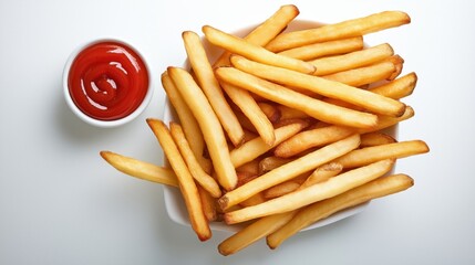 Wall Mural - A bowl of golden French fries with a small dish of ketchup on a white background.