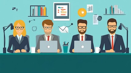 Poster - Four Business Professionals Working at Desk with Laptops