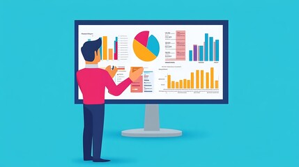 Poster - Man Presenting Data on a Large Screen with Charts and Graphs