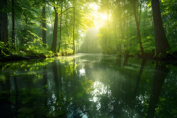 Mesmerizing Serenity - A Lush Forest Landscape with a Calm, Reflective River Bathed in Warm Sunlight