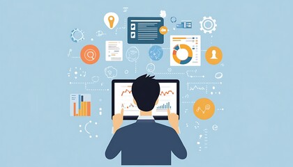 Poster - Businessman analyzing data on laptop with charts and graphs