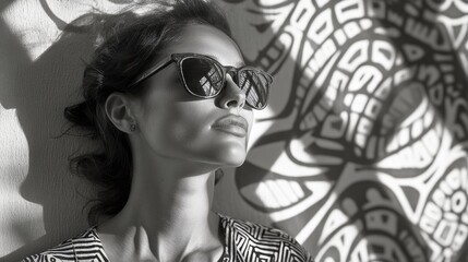 A stylish woman's profile is accentuated by her sunglasses, with a striking shadow pattern creating an artistic effect on her, in a sun-drenched environment.