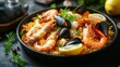 © Joachim - A delectable seafood paella is generously topped with shrimp, mussels, and various herbs, served in a traditional pan, offering a rich Mediterranean culinary experience.