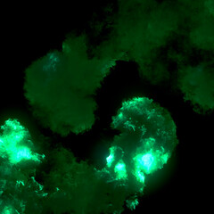 Poster - Digital illustration of a chemical explosion with bright green flames and dark puffs of greenish smoke. 3d rendering