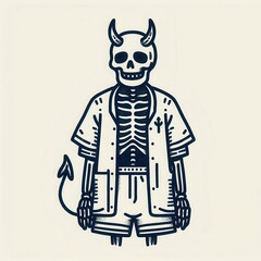 A playful, cartoonish skeleton figure dressed in casual attire with devil horns and a tail, blending elements of humor and spookiness.