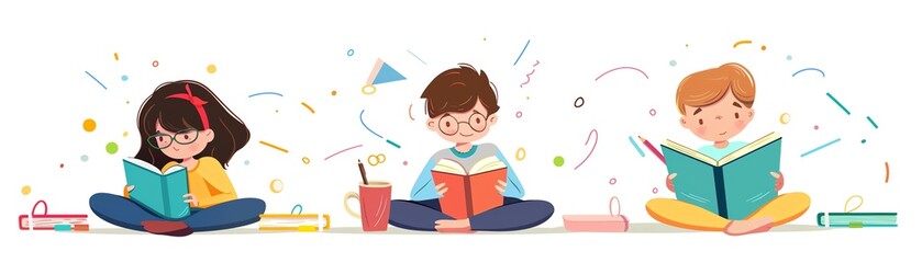 Writing practice, kids with notebooks, flat design illustration