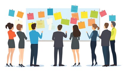 Poster - Businesspeople collaborating on a whiteboard with sticky notes