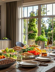 Aufkleber - The wooden table displays an array of colorful fruits, vegetables, nuts, and balanced meals in a well-lit space. Generative AI