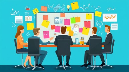 Poster - Business Professionals Collaborating Around a Table with Sticky Notes and Whiteboard