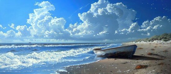 Seascape with Boat under Clear Blue Sky