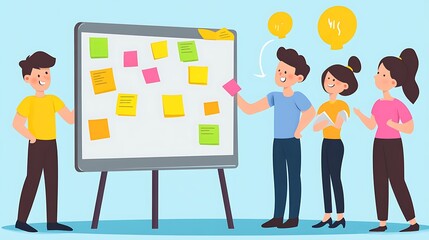 Poster - A group of people brainstorming ideas on a whiteboard using sticky notes.